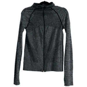 Fitted black & grey marl zip up athletic spandex jacket Large thumbholes